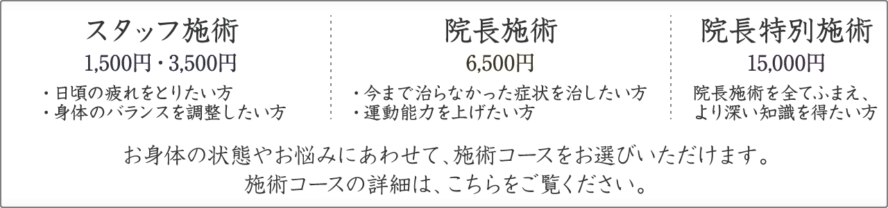 お体の状態やお悩みにあわせて、施術コースをお選びいただけます。施術コースの詳細は、こちらをご覧ください。